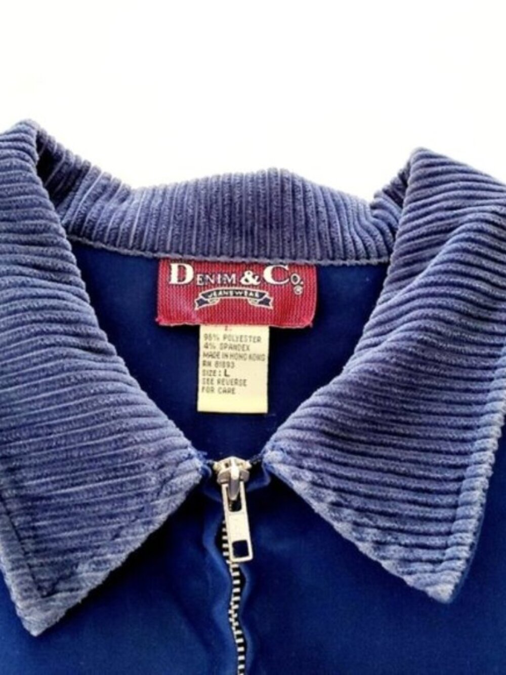 Denim & CO. Large Blue Suede Corduroy Collar Zip-up Lightweight LS Shac